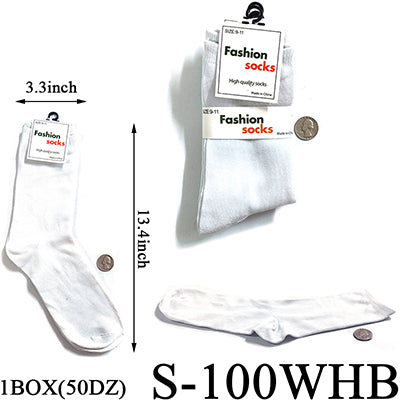Plain White Long Socks (Size 9-11) #S-100WHB  (12PC)