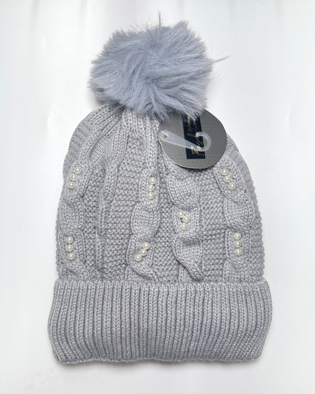 Fashion Knit Pom Pom Beanie with Pearls #AHT1030 - Multiple Colors (PC)