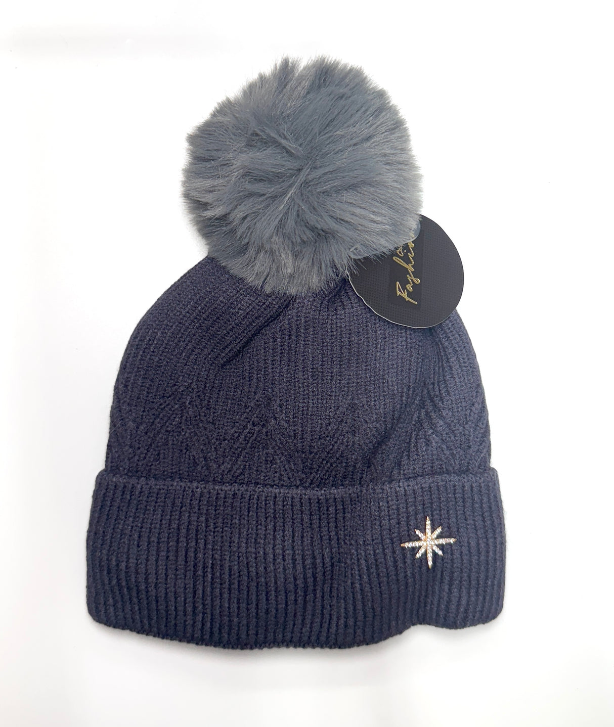 Fashion Knit Pom Pom Beanie W/Star #AHT1067 - Multiple Colors (PC)