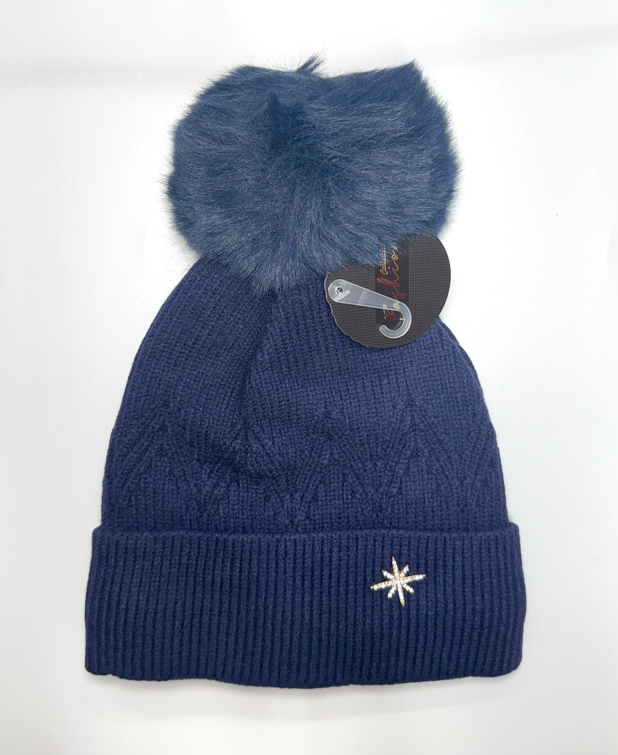 Fashion Knit Pom Pom Beanie W/Star #AHT1067 - Multiple Colors (PC)