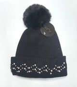 Fashion Knit Pom Pom Beanie W/Pearl Trim #AHT1074 - Multiple Colors (PC)