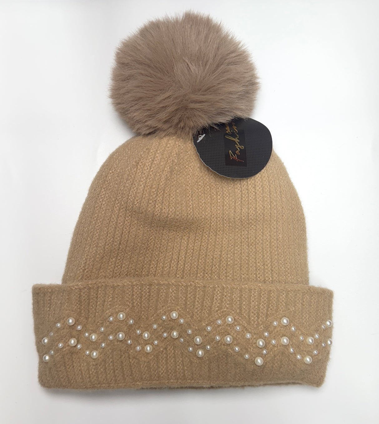 Fashion Knit Pom Pom Beanie W/Pearl Trim #AHT1074 - Multiple Colors (PC)