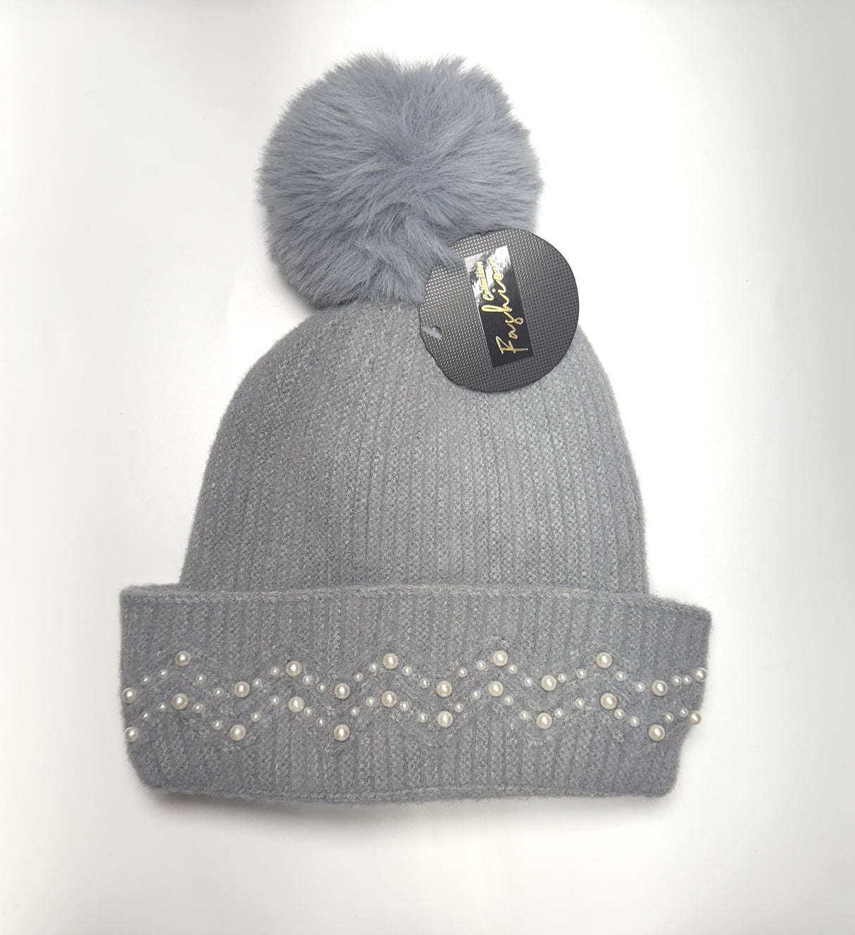 Fashion Knit Pom Pom Beanie W/Pearl Trim #AHT1074 - Multiple Colors (PC)