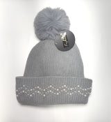 Fashion Knit Pom Pom Beanie W/Pearl Trim #AHT1074 - Multiple Colors (PC)