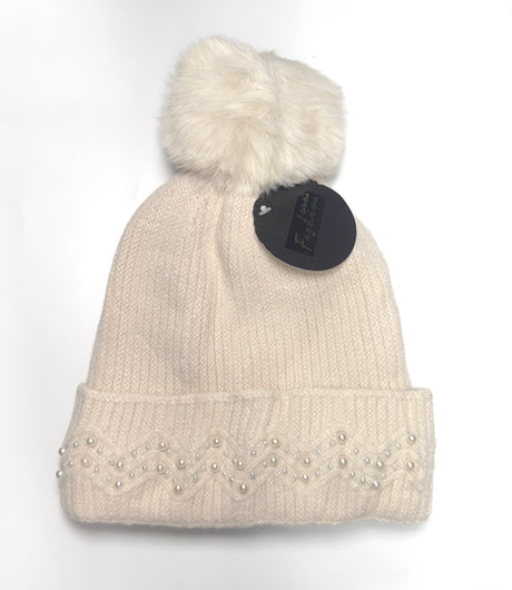 Fashion Knit Pom Pom Beanie W/Pearl Trim #AHT1074 - Multiple Colors (PC)