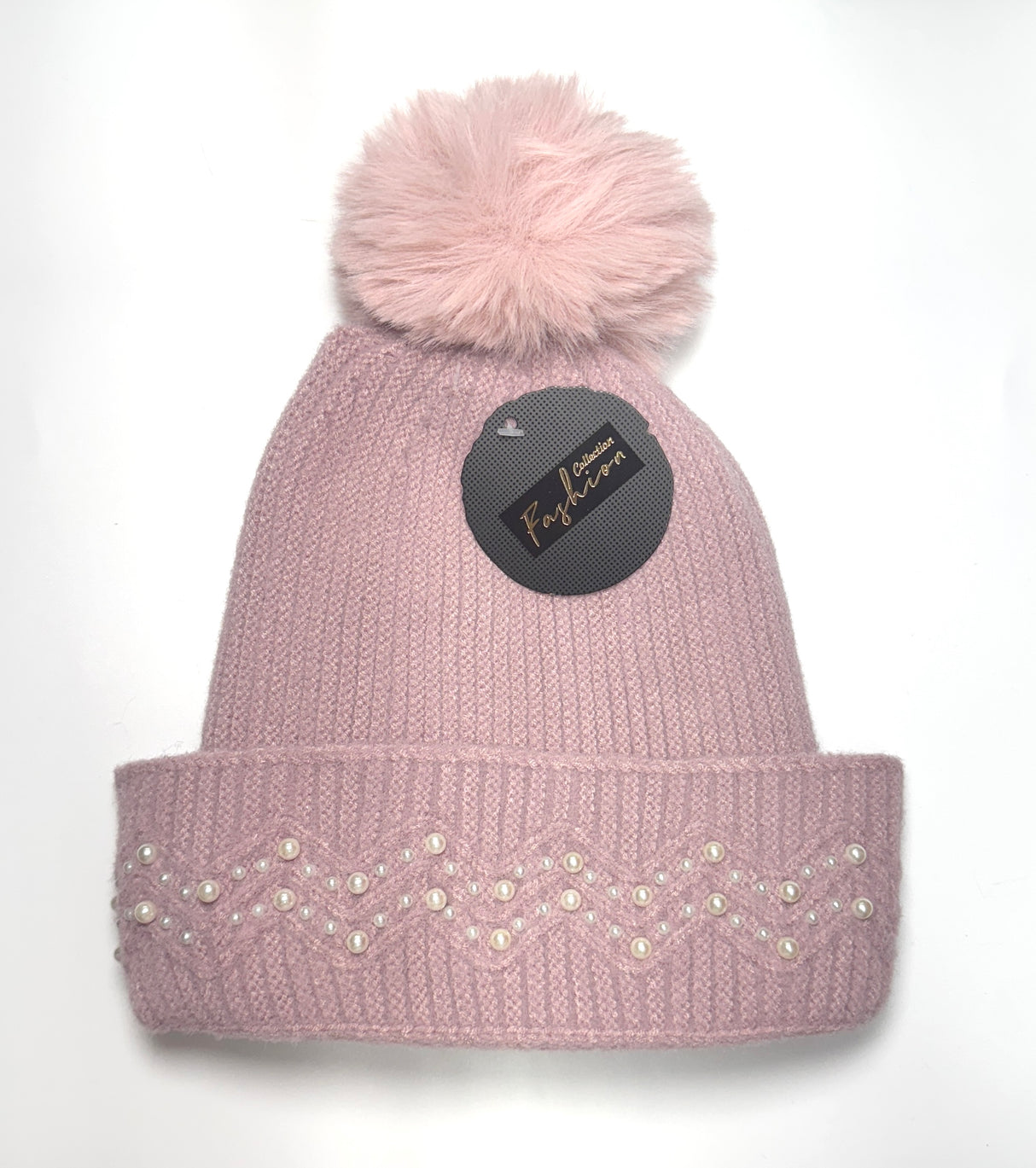 Fashion Knit Pom Pom Beanie W/Pearl Trim #AHT1074 - Multiple Colors (PC)