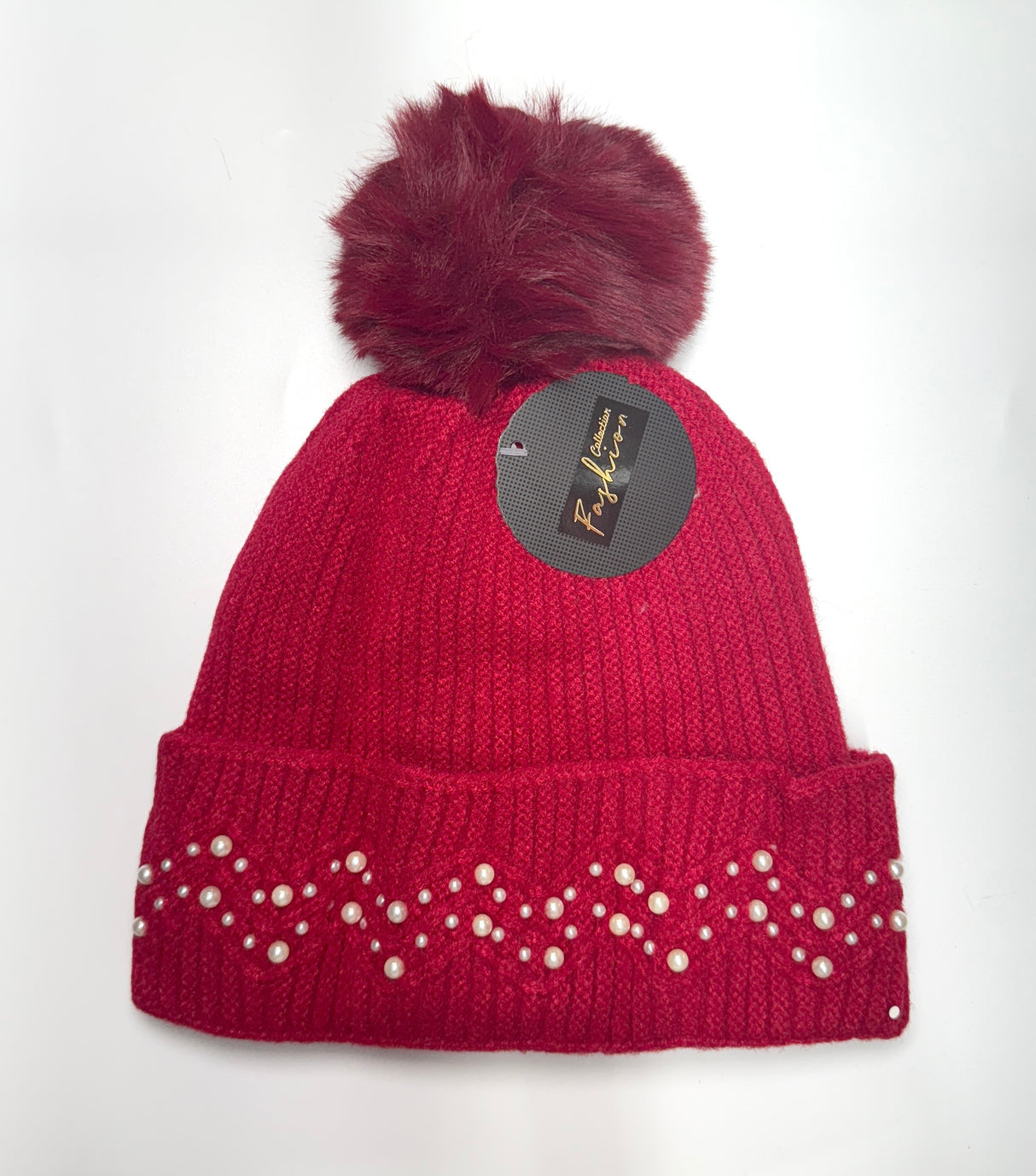 Fashion Knit Pom Pom Beanie W/Pearl Trim #AHT1074 - Multiple Colors (PC)