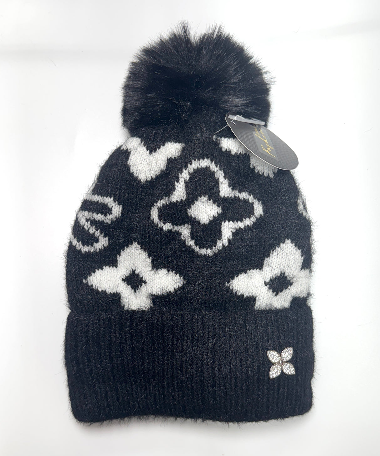 Fashion Fuzzy Knit Pom Pom Beanie W/Floral Design #AHT1134 - Multiple Colors (PC)