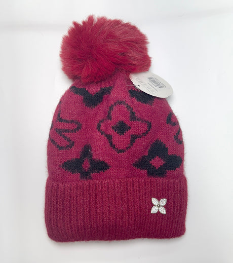 Fashion Fuzzy Knit Pom Pom Beanie W/Floral Design #AHT1134 - Multiple Colors (PC)