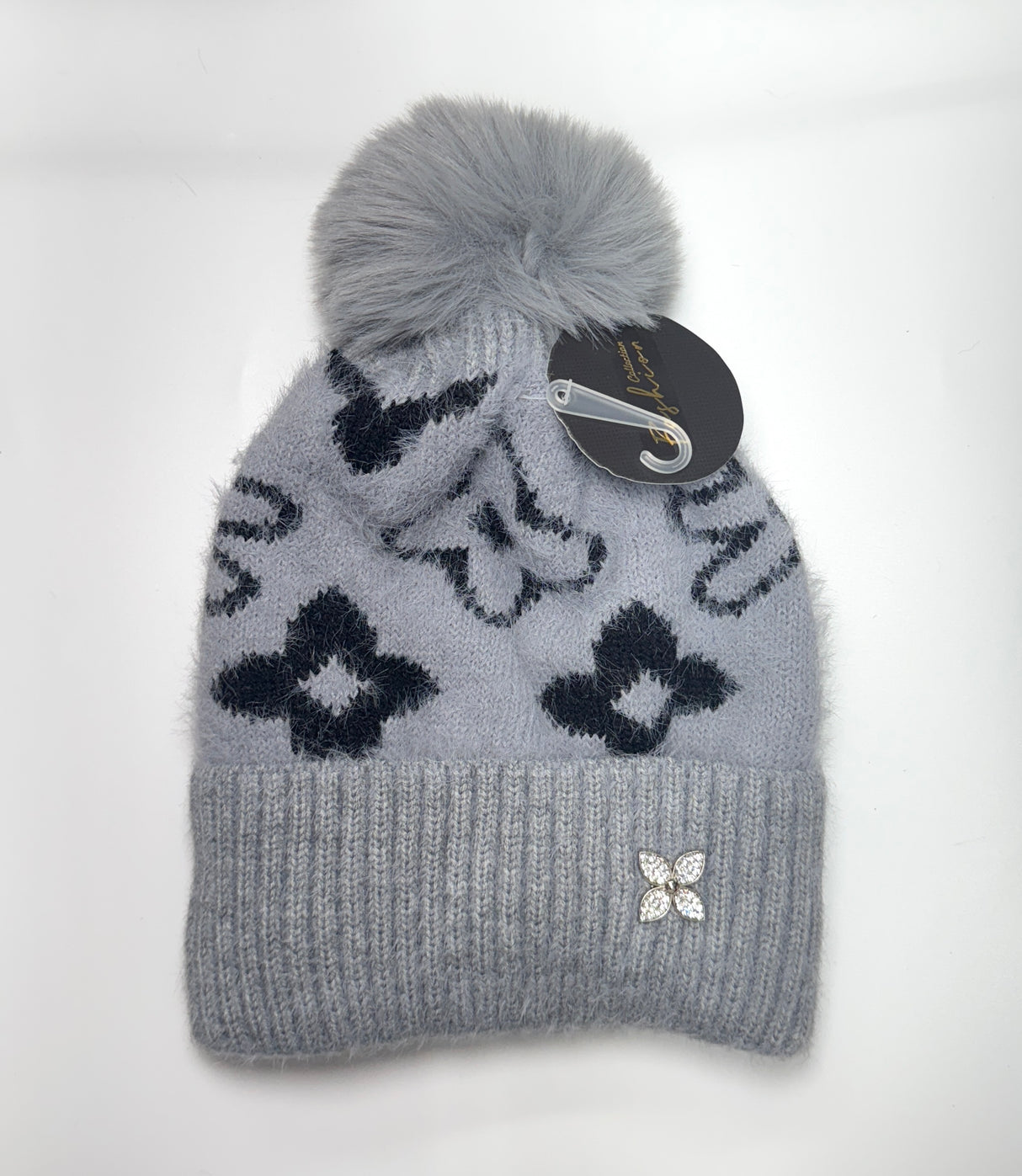 Fashion Fuzzy Knit Pom Pom Beanie W/Floral Design #AHT1134 - Multiple Colors (PC)