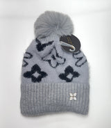 Fashion Fuzzy Knit Pom Pom Beanie W/Floral Design #AHT1134 - Multiple Colors (PC)