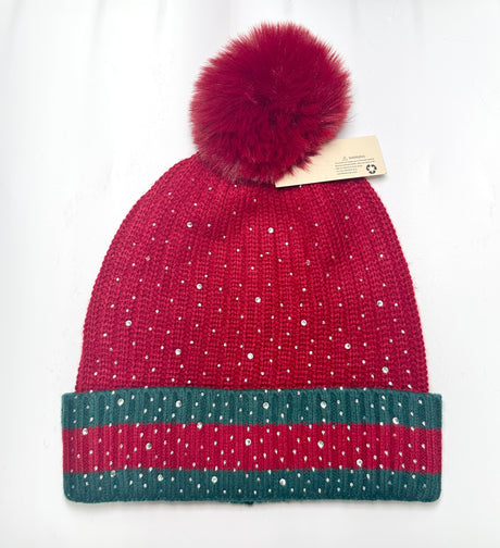 Fashion Rhinestone Striped Pom Pom Beanie #H3448 - Multiple Colors (PC)