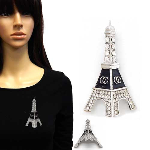 Fashion Eiffel Tower Stone Brooch #YM2107RDCLR Silver (PC)