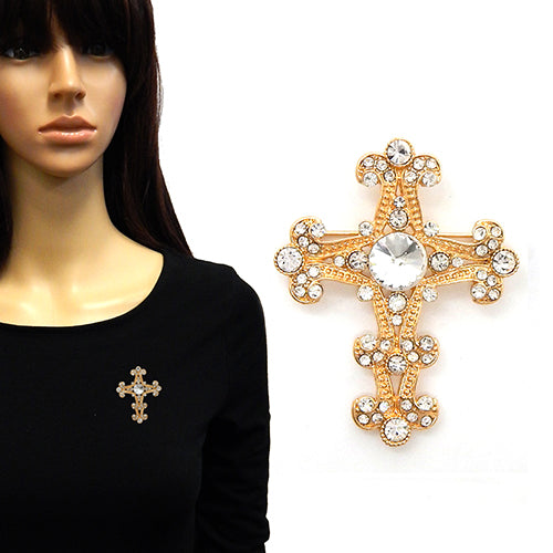 Fashion Cross Rhinestone Brooch #YM2139GDCLR (PC)