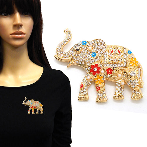 Fashion Rhinestone Elephant Brooch W/Flowers #YM2247 - Multiple Colors (PC)