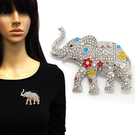 Fashion Rhinestone Elephant Brooch W/Flowers #YM2247 - Multiple Colors (PC)