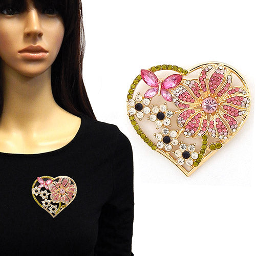 Fashion Heart Shaped Brooch W/Flowers and Butterfly #YM2262 - Multiple Colors (PC)