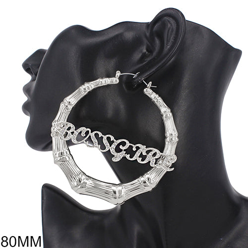 Fashion Bamboo Worded Hoop Earrings (PC) - Silver & Gold