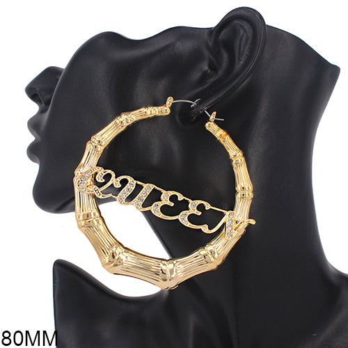 Fashion Bamboo Worded Hoop Earrings (PC) - Silver & Gold