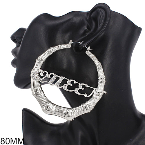 Fashion Bamboo Worded Hoop Earrings (PC) - Silver & Gold