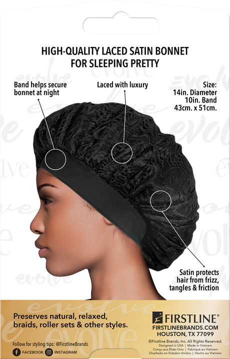 #3003 Evolve Laced Satin Wide-Edge Bonnet / Black (6PC)