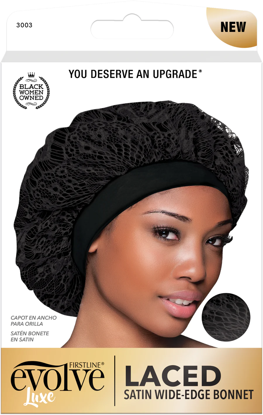 #3003 Evolve Laced Satin Wide-Edge Bonnet / Black (6PC)