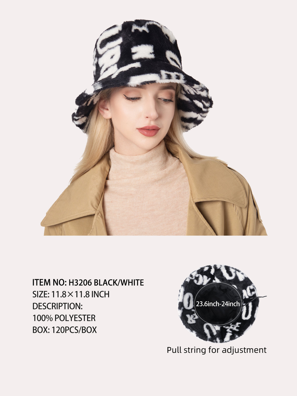 Fashion Fuzzy Bucket Hat #H3206 - Black & White (PC)