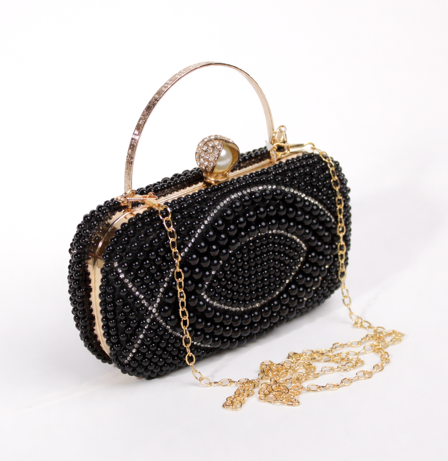 Fashion Oval Beaded Design Black Clutch Bag #RHCLTCH01-BK (PC)