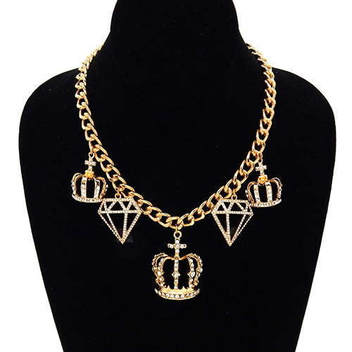 Fashion Crown & Diamond Charm Statement Necklace #YN8166GDCLR - Gold (PC)