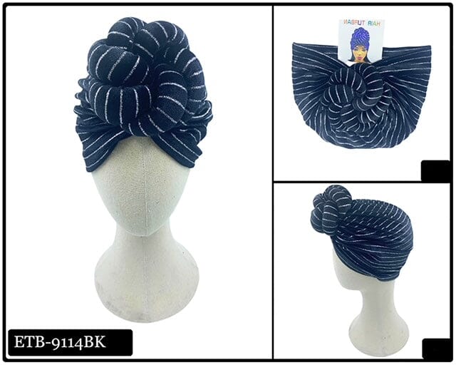 Knotted Design Head Wrap #ETB9114BK / Black with White Strips (12PC)