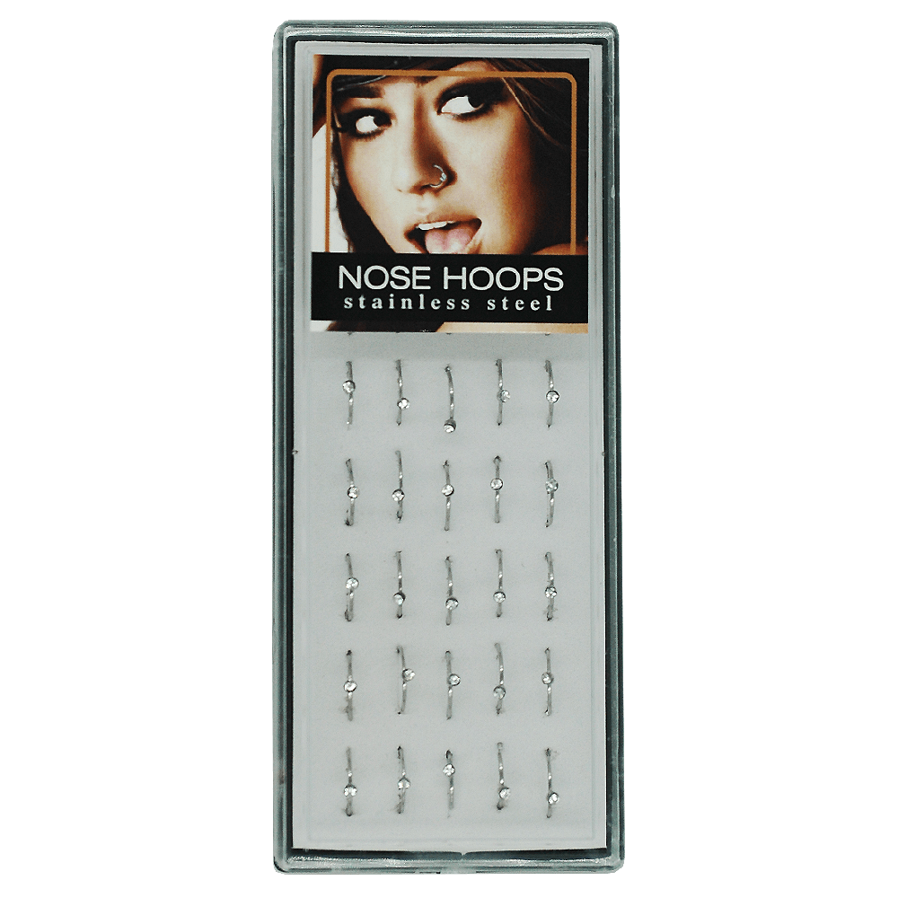 Nose Hoops Stainless Steel Silver + Rhinestone #02-13-13S Set/Display (40PC)