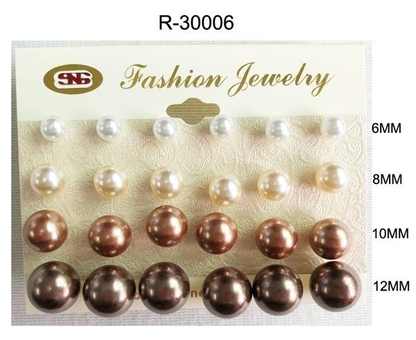 #R30006 Pearl Assorted Sized Brown Mix Earrings 6-8-10-12mm (12PC)