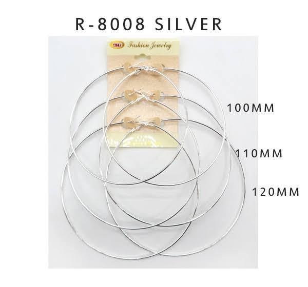 #R8008SILVER Fashion Hoop Earrings by the 100-110-120mm (12PC)