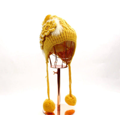 Knitted Rhinestone/Pearl Flower Pom Pom Beanie #FLOBEA3 (PC)