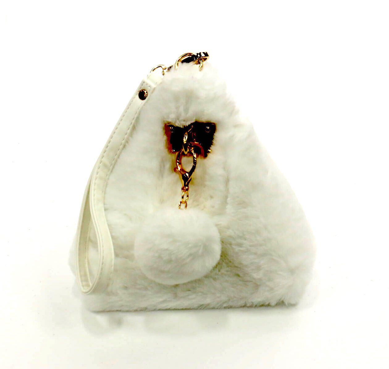 Furry Pyramid Clutch Bag with Pom Pom / White #KM8081WT (PC)