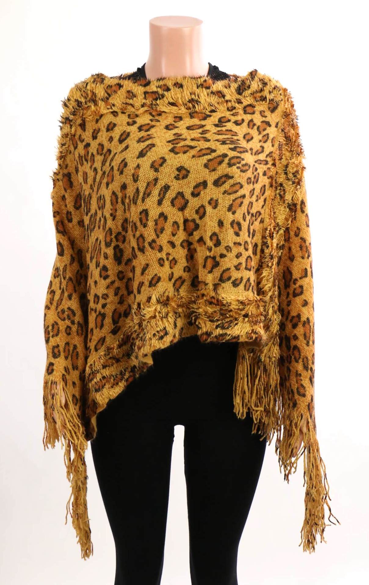 Leopard Print Poncho with Fur Trim / Camel #PC1005CA (PC)