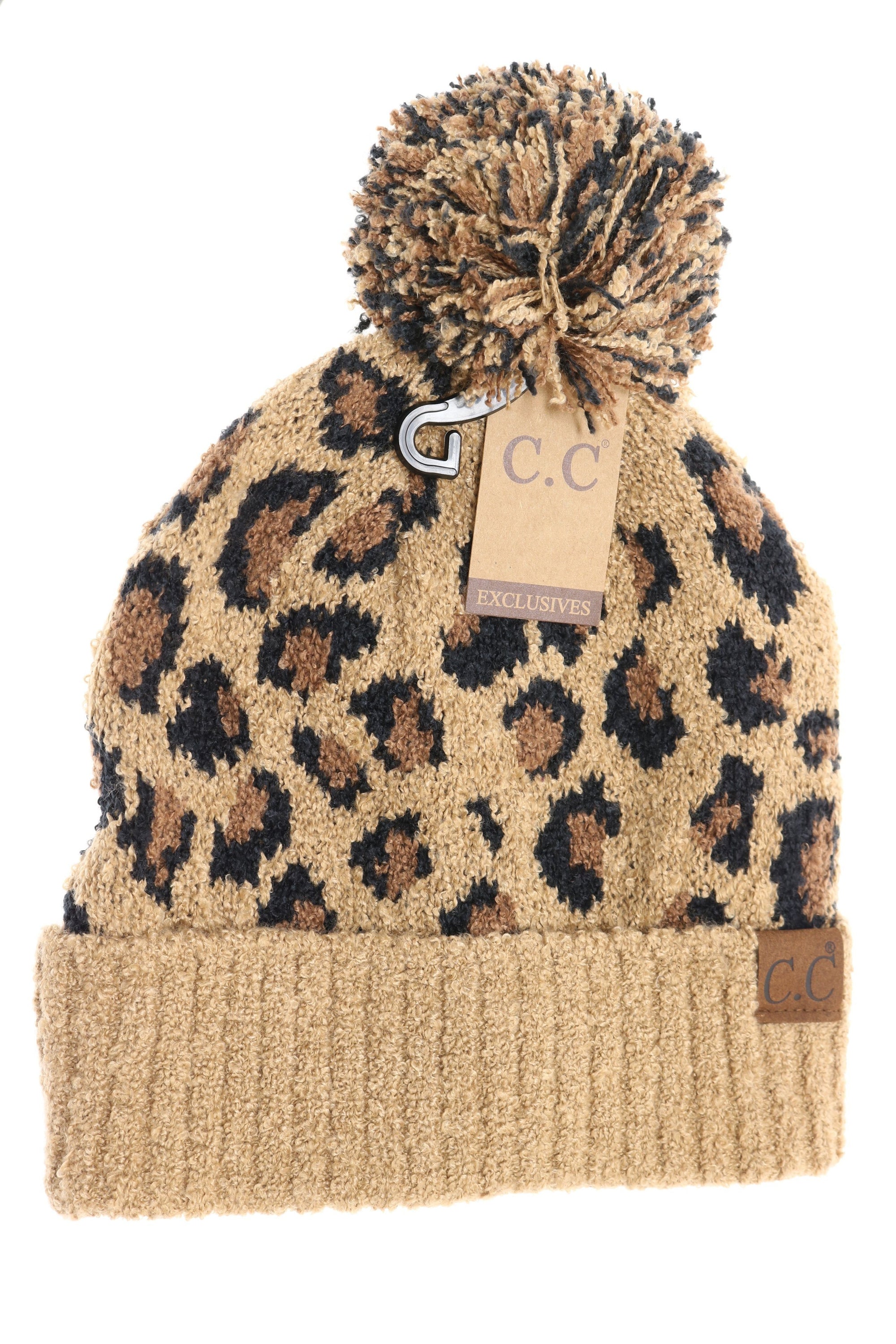 C.C. Leopard Boucle Knit Pom Beanie Latte #HAT7001 (PC)