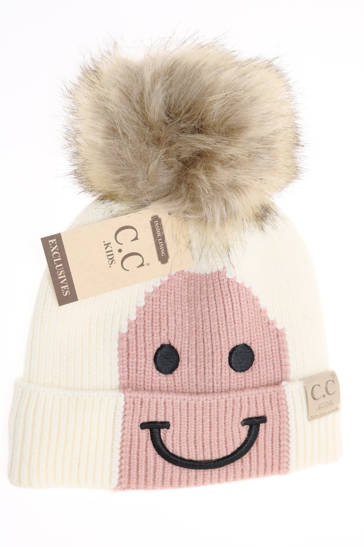 C.C. Kids Smiling Lined Fur Pom Beanie #KIDS2296 (PC)