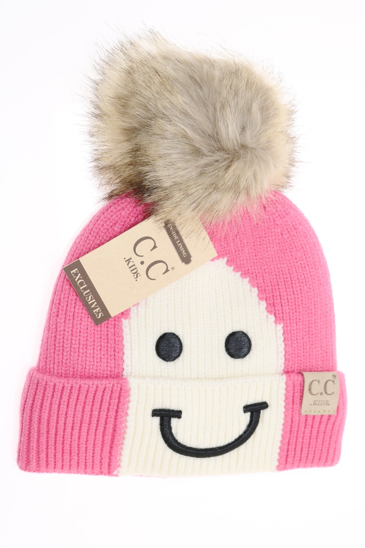 C.C. Kids Smiling Lined Fur Pom Beanie #KIDS2296 (PC)
