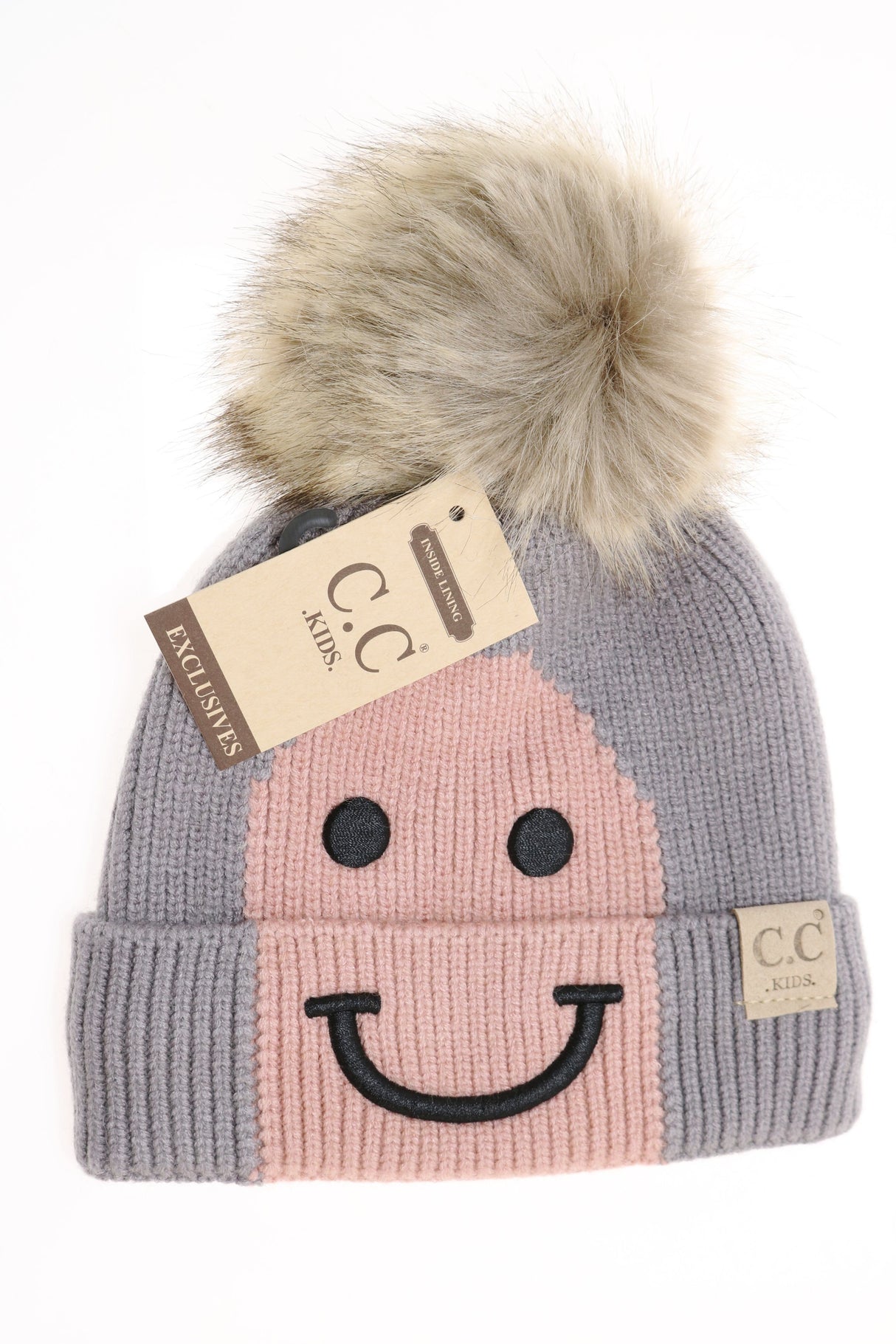 C.C. Kids Smiling Lined Fur Pom Beanie #KIDS2296 (PC)