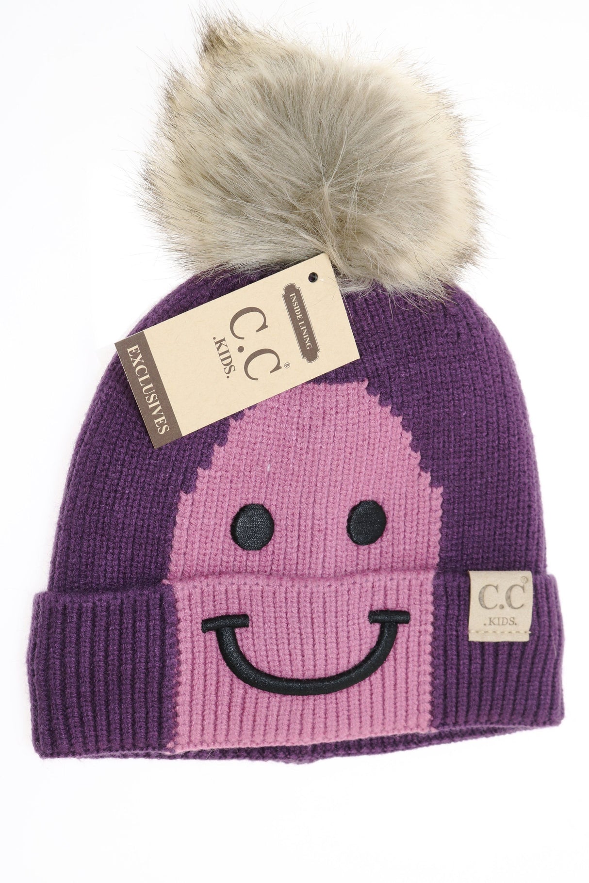 C.C. Kids Smiling Lined Fur Pom Beanie #KIDS2296 (PC)