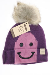 C.C. Kids Smiling Lined Fur Pom Beanie #KIDS2296 (PC)