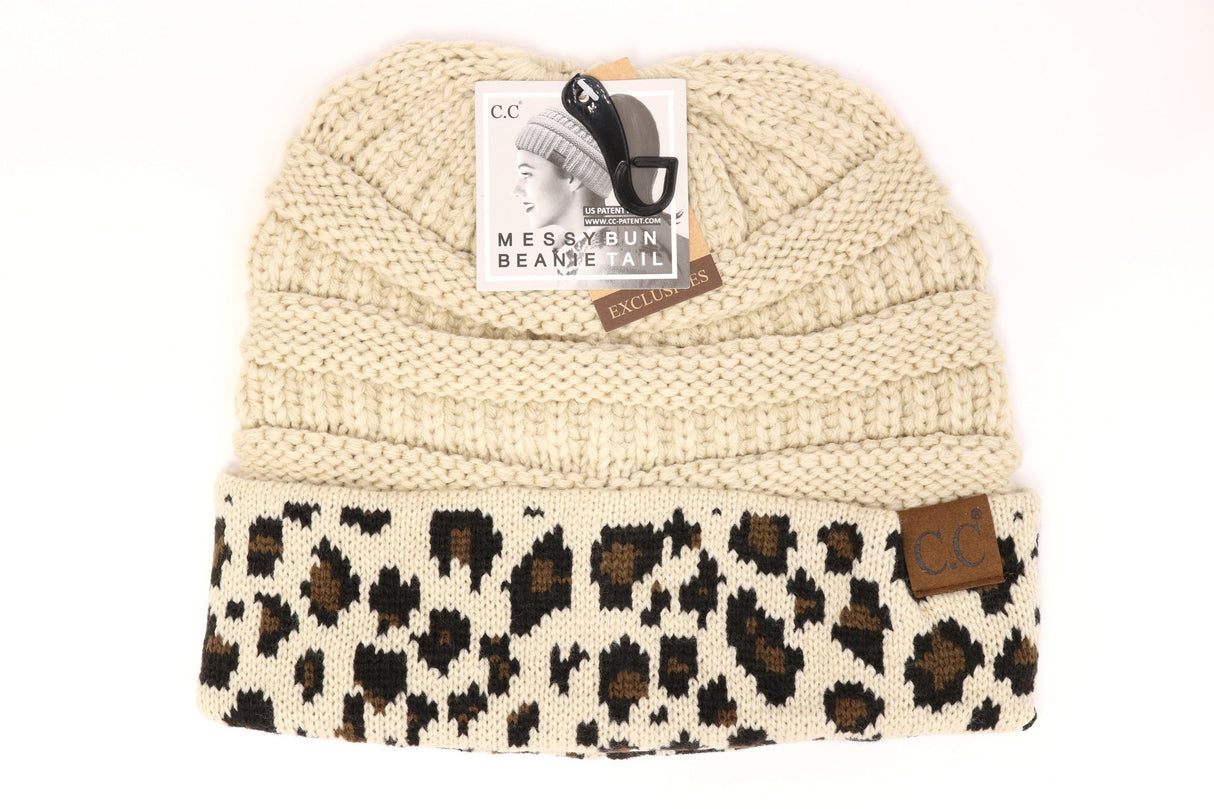 C.C. Matching Cuff Leopard Print Messy Buns Beanie #MB80 (PC)