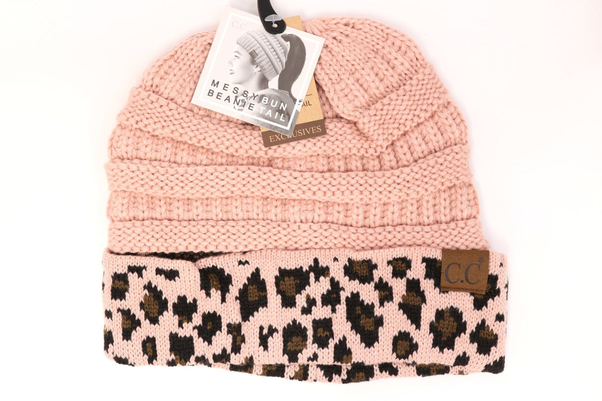 C.C. Matching Cuff Leopard Print Messy Buns Beanie #MB80 (PC)