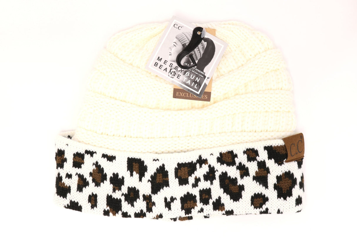 C.C. Matching Cuff Leopard Print Messy Buns Beanie #MB80 (PC)