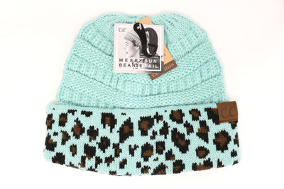 C.C. Matching Cuff Leopard Print Messy Buns Beanie #MB80 (PC)