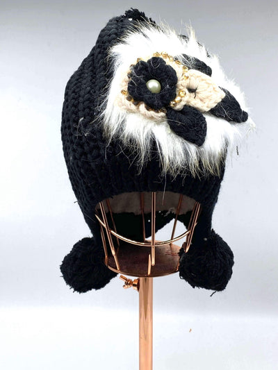 #MHA2549BK Double Dangle Flower Pom Black Beanie