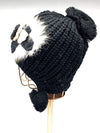 #MHA2549BK Double Dangle Flower Pom Black Beanie